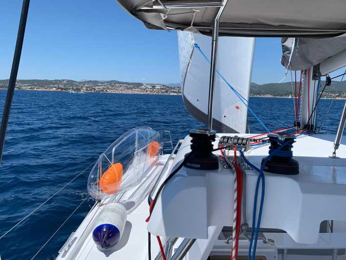 Departure from BRUSC sunset on sailing catamaran - Coastline Views Toward Six-Fours-les-Plages and Sanary-sur-Mer