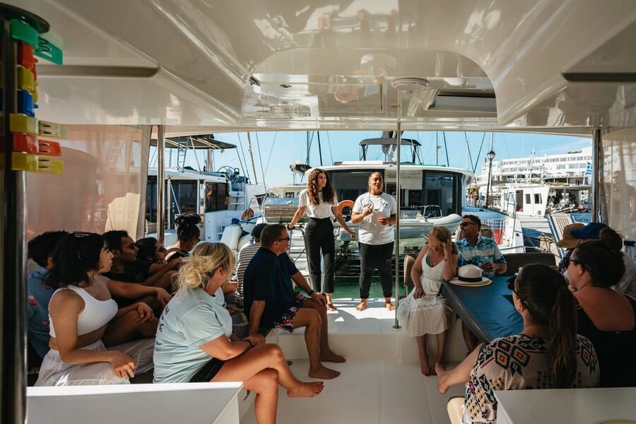 Santorini: Sailing Catamaran Cruise with BBQ and Drinks - Palea Kameni and the hot springs