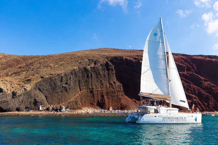 Santorini: Sailing Catamaran Cruise with BBQ and Drinks - A catamaran built for sun, shade, and easy movement